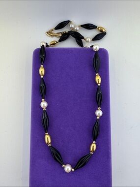 💛 Vintage Napier Black & Gold Bead & Faux Pearl Necklace | Designer